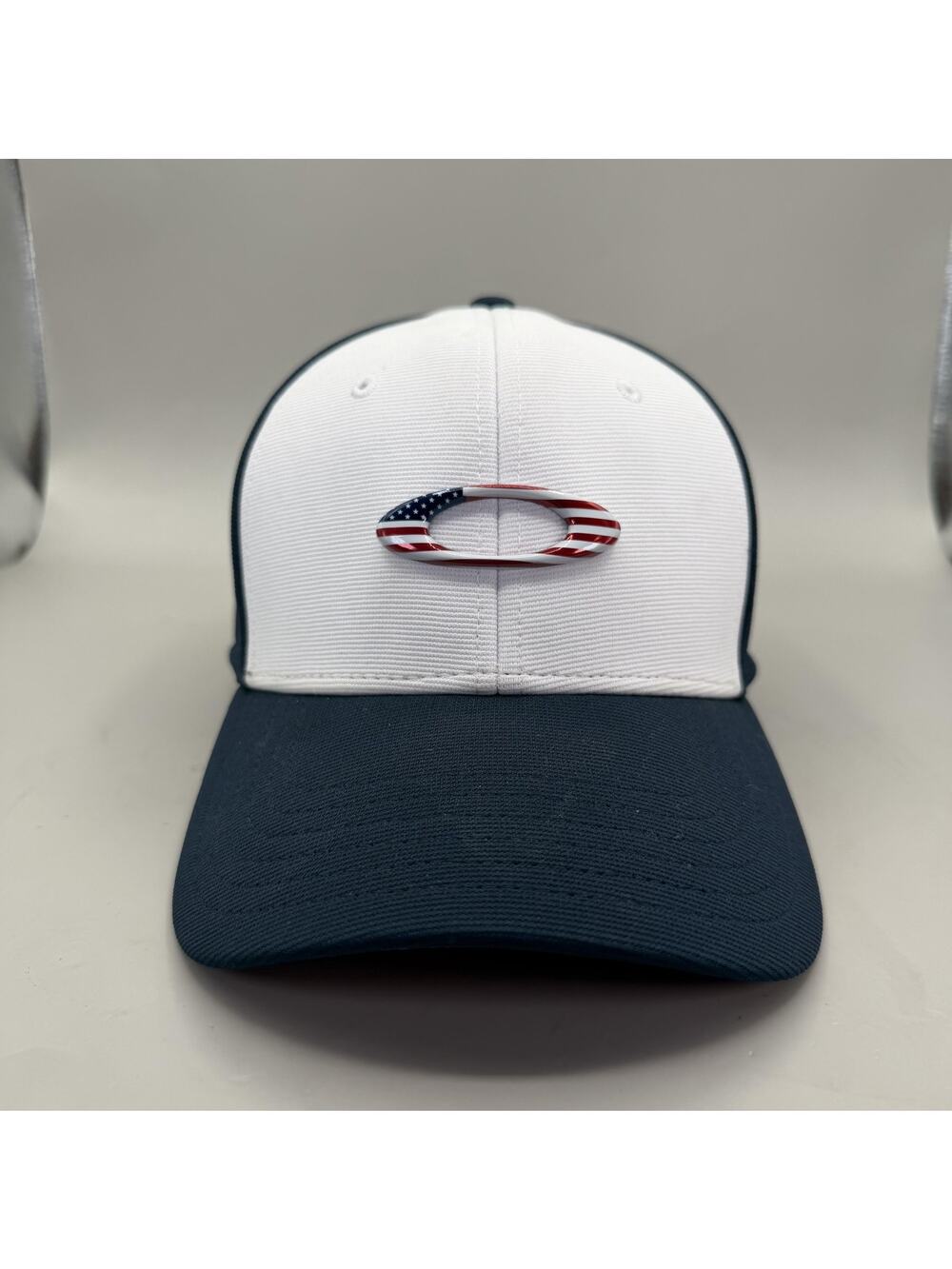 Oakley Tincan Golf Cap USA Flag Baseball Hat-Navy Blue/White Stretch Fit